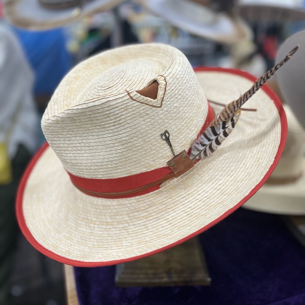 Stylish Straw Hat with Red Band and Feather